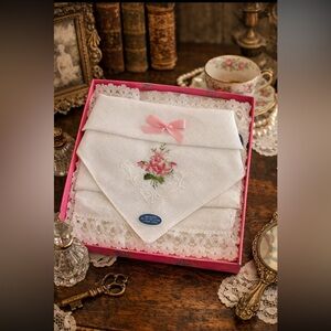 Vintage 2 White Handkerchief with Pink Floral Embroidery/Handkerchief with Lace.
